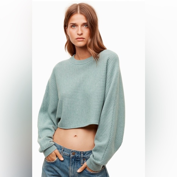Wool/Linen Blend Aritzia Wilfred Free Lolan Cropped Sweater Size XS Light Blue - Picture 2 of 11